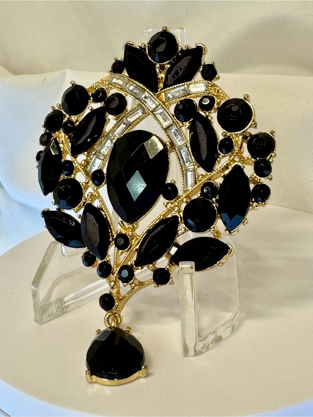 Black Faceted Crystal Teardrop Statement Brooch - Elegant